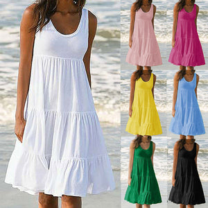 2023 Women Causual O Neck Sleeveless Ruffles Mini Dress Boho Solid Beach Sundress Oversized Loose Dress 2023 Summer