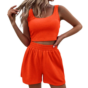 Two Piece Shorts Set Women Outfit Trendy Solid Color Sleeveless Camisoles Wide Leg Trunks Shorts Suit Casual Retro Sportswear