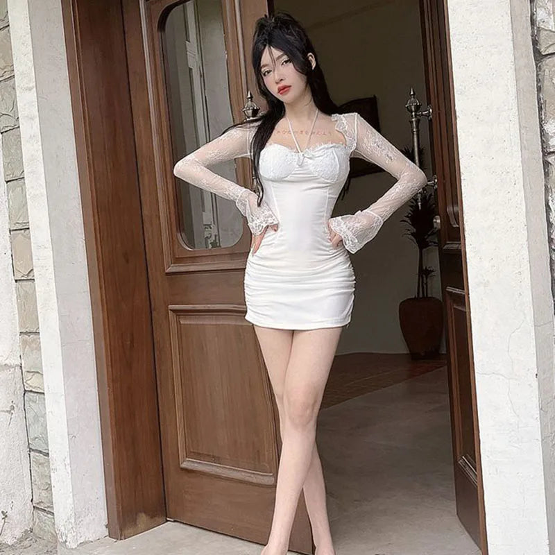 Sexy Lace Patchwork Long Sleeve Dress for Women Korean Skinny Lace-Up Design Bag Hip Dresses Woman Summer Night Club White Dress