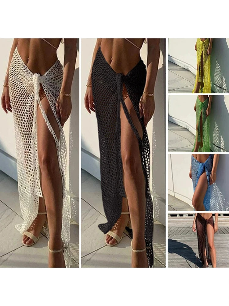 Sexy Wrap Skirt Binding Rope Beach Wear Sarong New Arrival Women Knitting Crochet Hollow Out Cover Up Solid Color Beach Dress