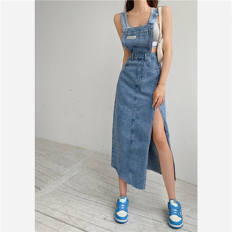 Sleeveless Women Denim Suspender Dress Spring New Midi Skirt Blue Korean Fashion Polo Collar Streetwear Female Braces Slit Dress