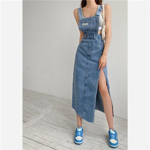 Sleeveless Women Denim Suspender Dress Spring New Midi Skirt Blue Korean Fashion Polo Collar Streetwear Female Braces Slit Dress