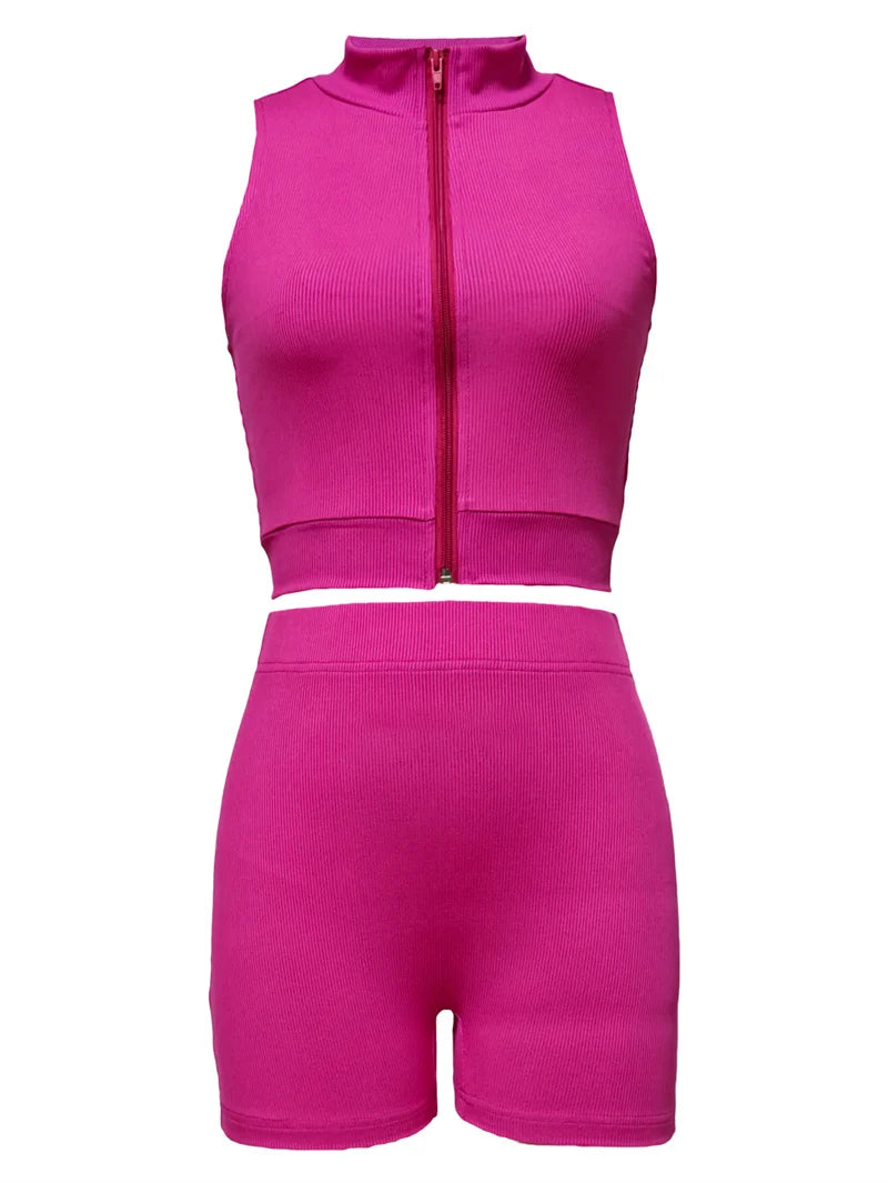 Sporty Fitness Joggers Tracksuit Women Two Piece Set Knitted Zipper Vest Crop Top and Shorts Casual Sweatsuits Yoga Workout Sets