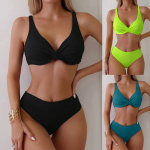 Women's Cross Bandage Bikinis Sets Sexy Push-Up Tankini Swimsuits High Waist Solid Color Swimwears 2024 Maillot De Bain Femme