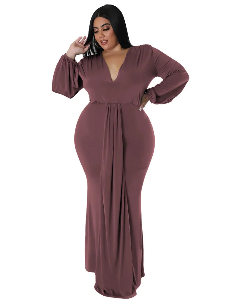 Wmstar Plus Size Party Dresses for Women Long Sleeve Stretch Sexy V Neck Elegant Maxi Dress Fall Clothes Wholesale Dropshipping