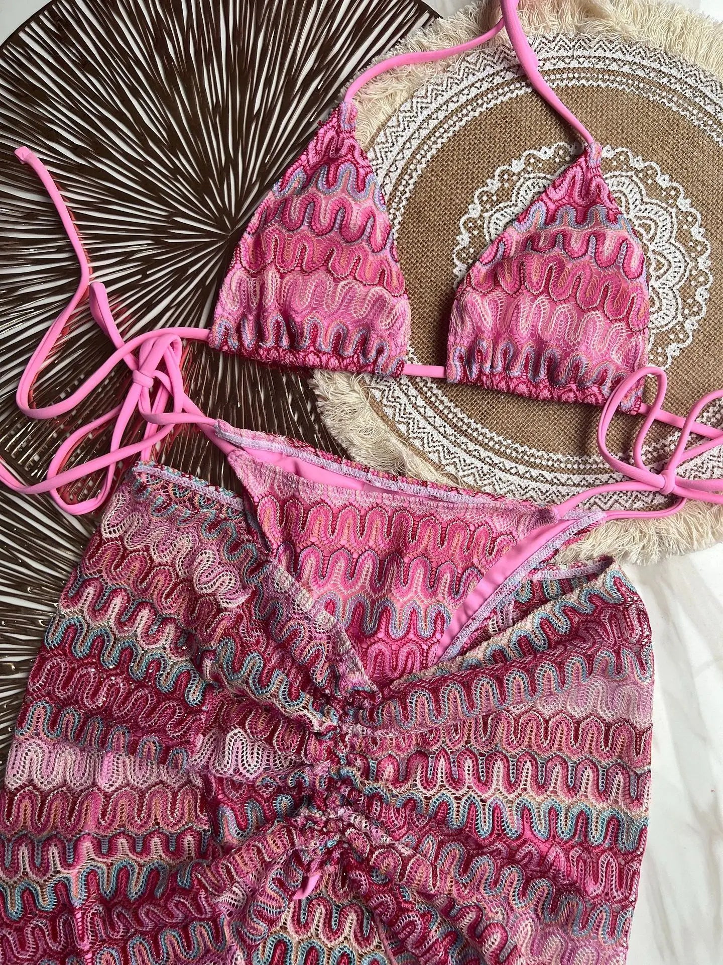 Knitting Skirt Three-Piece Suit European and American Sexy Bikini Striped Swimsuitbikiniwomenswimw