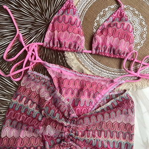 Knitting Skirt Three-Piece Suit European and American Sexy Bikini Striped Swimsuitbikiniwomenswimw