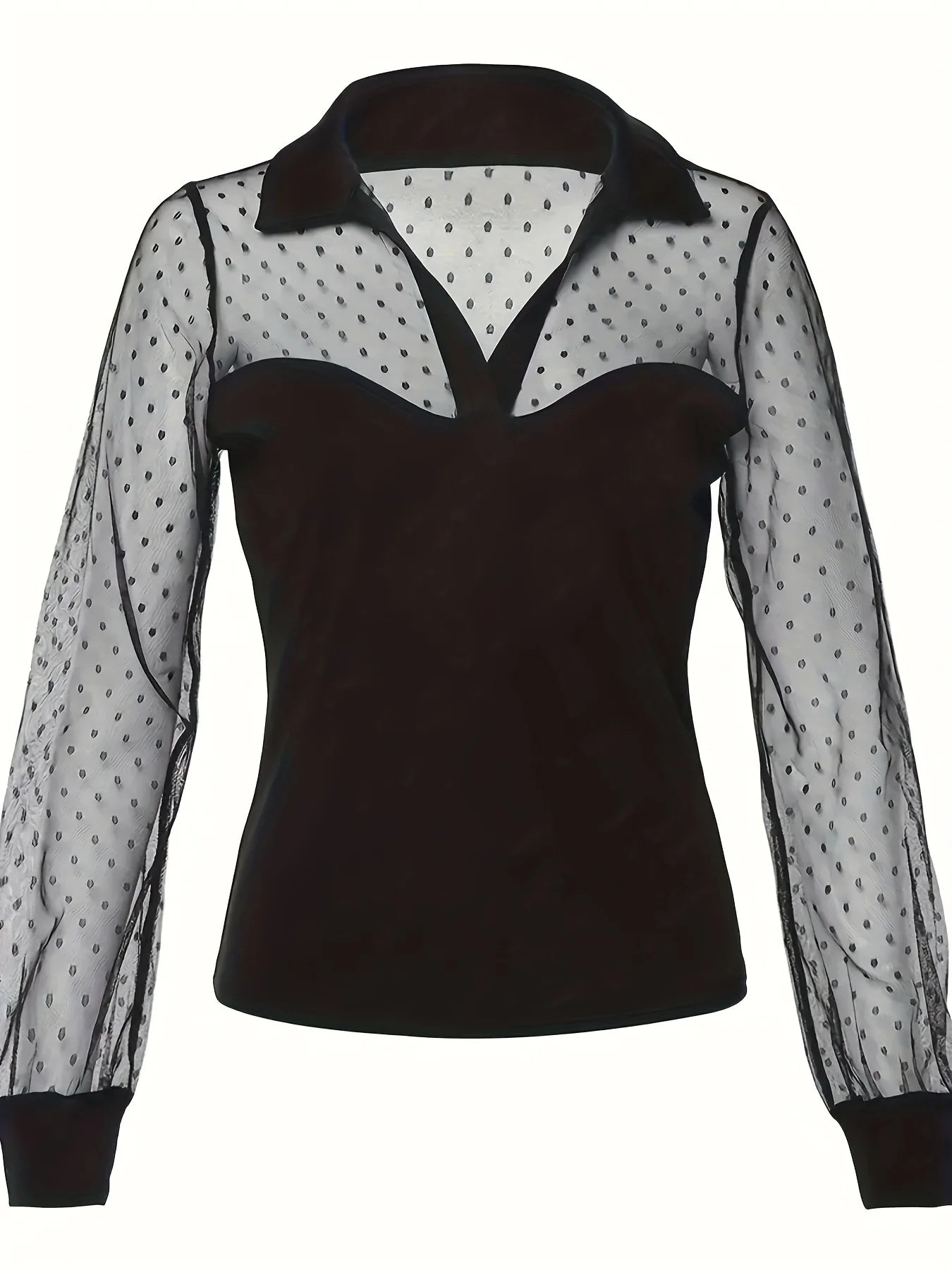 Plus Size Mesh Stitching Top, Casual Polka Dot Long Sleeve Top, Women's Plus Size Clothing