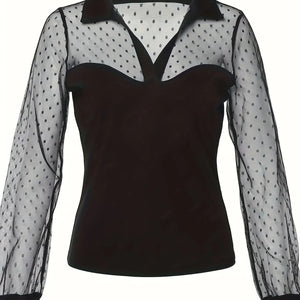 Plus Size Mesh Stitching Top, Casual Polka Dot Long Sleeve Top, Women's Plus Size Clothing