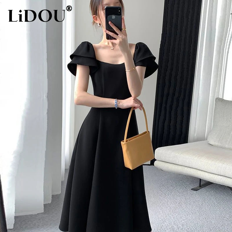 Summer New Preppy Style Black Waist A-line Dress Lady Short Sleeve Elegant Fashion Vestidos Women Temperament Dresses Robe Femme Black / XXL