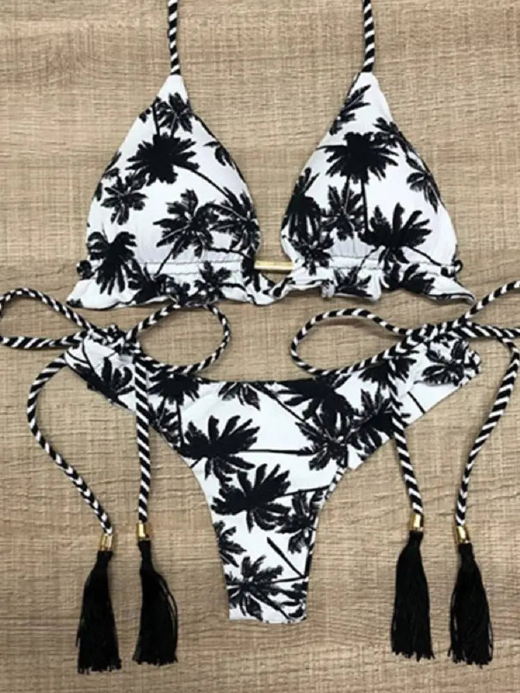 2019 Sexy Halter Swimsuit Women Thong Micro Bikini String Padded Swimwear Brazilian Bikini Bandage Tropical Plant Print Swimsuit