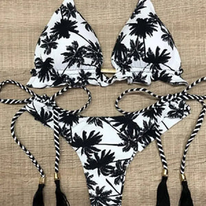 2019 Sexy Halter Swimsuit Women Thong Micro Bikini String Padded Swimwear Brazilian Bikini Bandage Tropical Plant Print Swimsuit