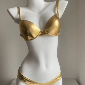 Metallic Summer Push Up Padded Bra Bathing Suit Beach Wear Women Sexy Thong Bikini Set Silver Gold Dropshipping Biquini Swimwear