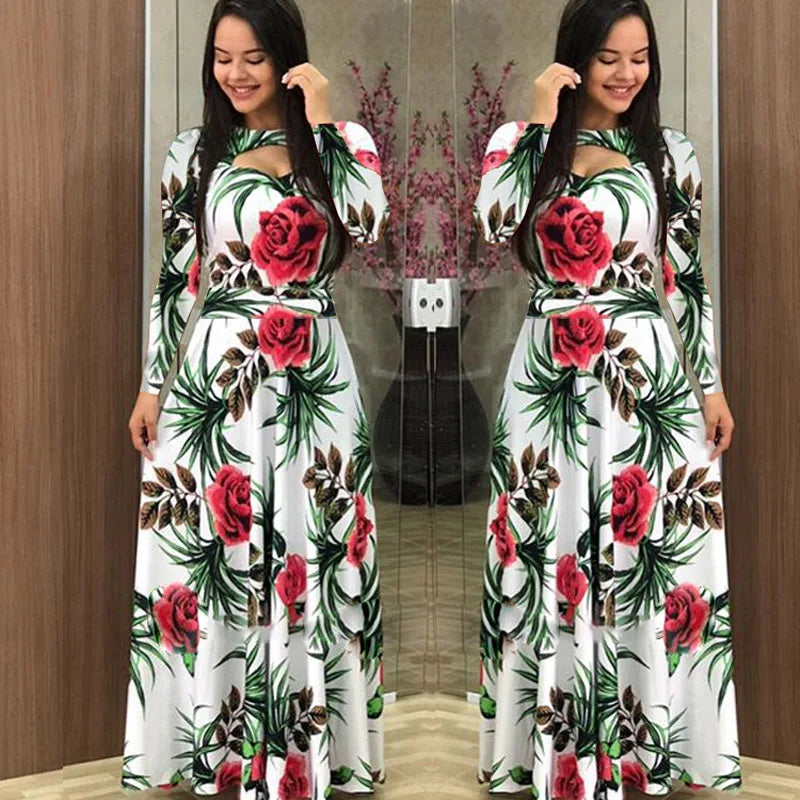 Women's Autumn Printed Long Sleeved Slim Fit Vestido 2024 Fashion Round Neck Flower Hollow Maxi Dresses Roupas Mujer 5XL