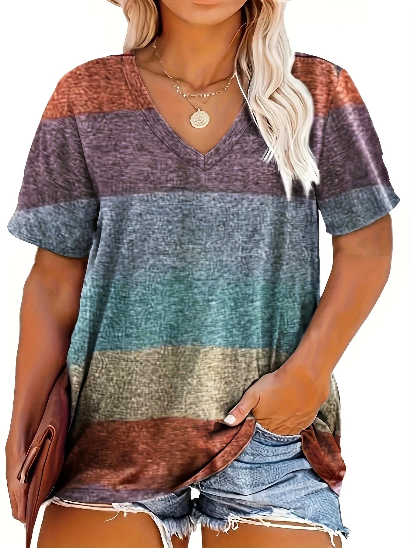 Plus Size 1XL-5XL Striped Print T-Shirt  Casual V Neck Short Sleeve T-Shirt Women's Plus Size Clothing