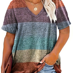 Plus Size 1XL-5XL Striped Print T-Shirt  Casual V Neck Short Sleeve T-Shirt Women's Plus Size Clothing