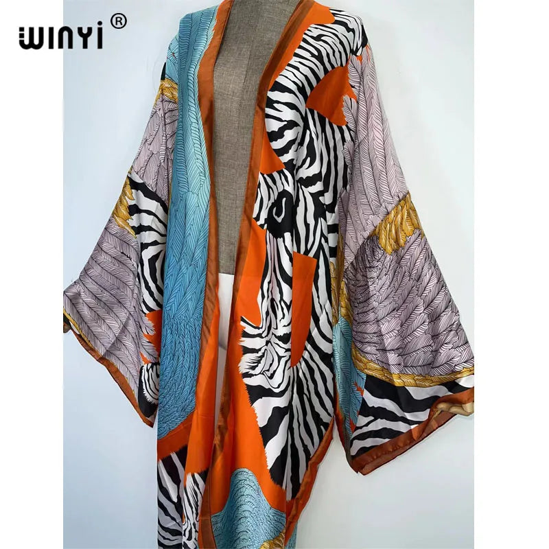 WINYI 2022 Summer Women Cardigan stitch Cocktail sexy Boho Maxi African Holiday Batwing Sleeve Silk feeling Robe kimono kaftan