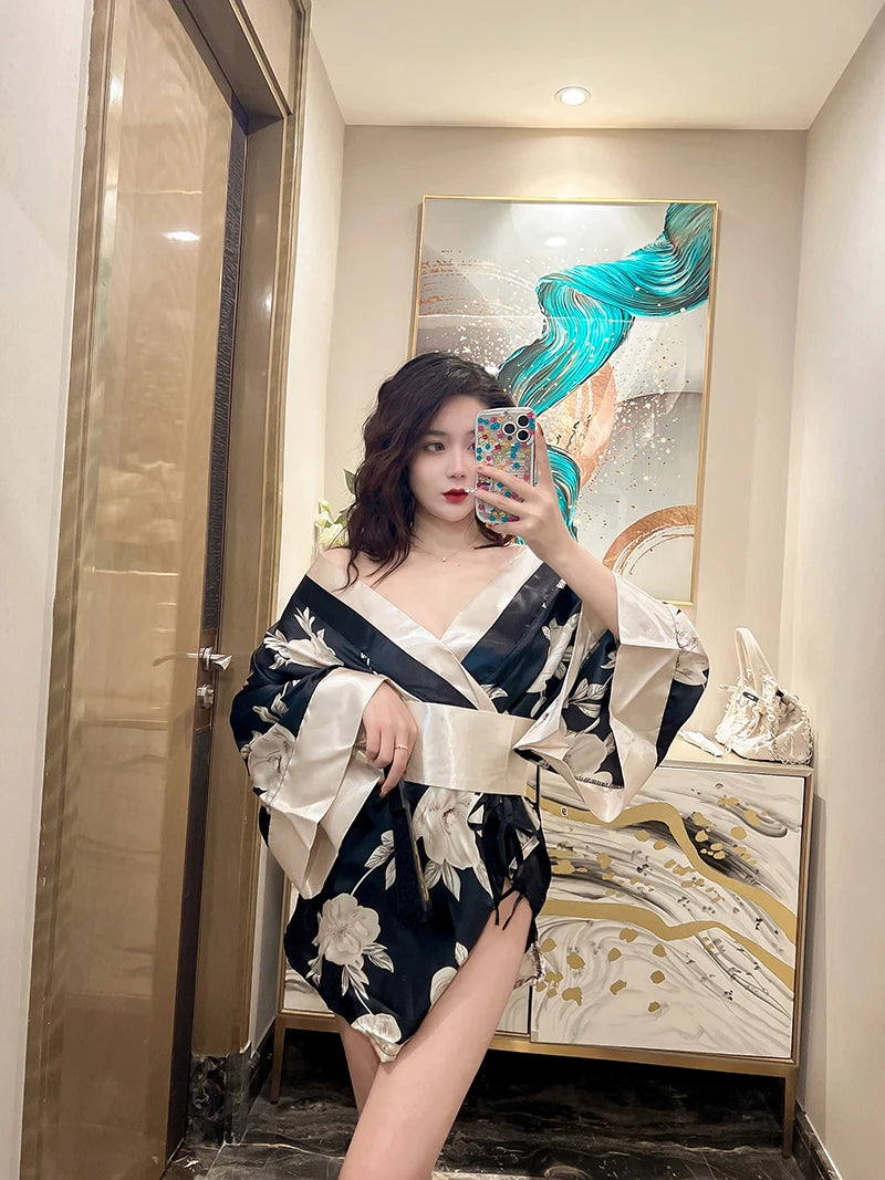 Japanese Kimono Sexy Cosplay Outfit for Women Traditional Style Robe Yukata Sakura Costume Pajamas Soft Silk Belt Lingerie Porno