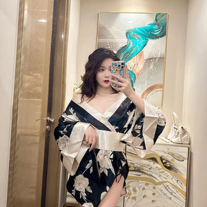 Japanese Kimono Sexy Cosplay Outfit for Women Traditional Style Robe Yukata Sakura Costume Pajamas Soft Silk Belt Lingerie Porno