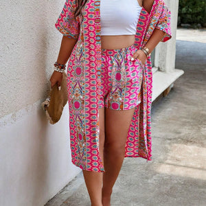 Women's Plus Size Printed Two-piece Set, featuring a bohemian print open front kimono with short sleeves and shorts ensemble.