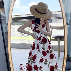 Women's Summer Elegant Floral Print Rose Strap Midi Dress Sleeveless Casual Beach Party Sundress Female Fashion A-Line Vestidos