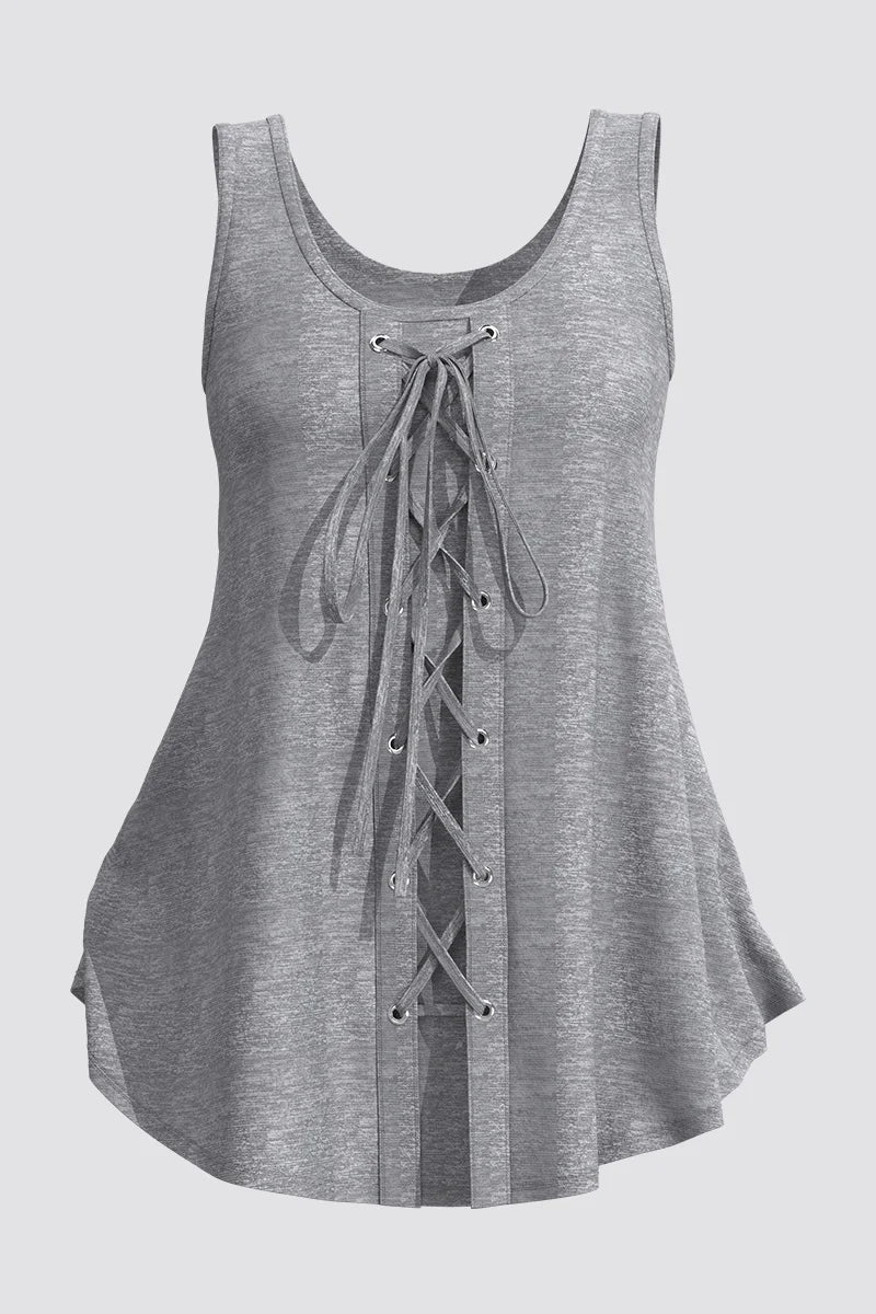 Women's Plus Size Casual Grey Eyelet Washer Lace-Up Tank Top Sleeveless Medium Strecth Vintage Round Neck Summer Tank Top 2024