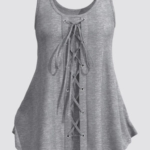 Women's Plus Size Casual Grey Eyelet Washer Lace-Up Tank Top Sleeveless Medium Strecth Vintage Round Neck Summer Tank Top 2024