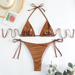 Sexy Brozing Gold Bikinis Sets Women Push Up Micro Bikini Swimsuit 2024 Brazilian Beach Bathing Suit Tie Side Triangle Swimwear