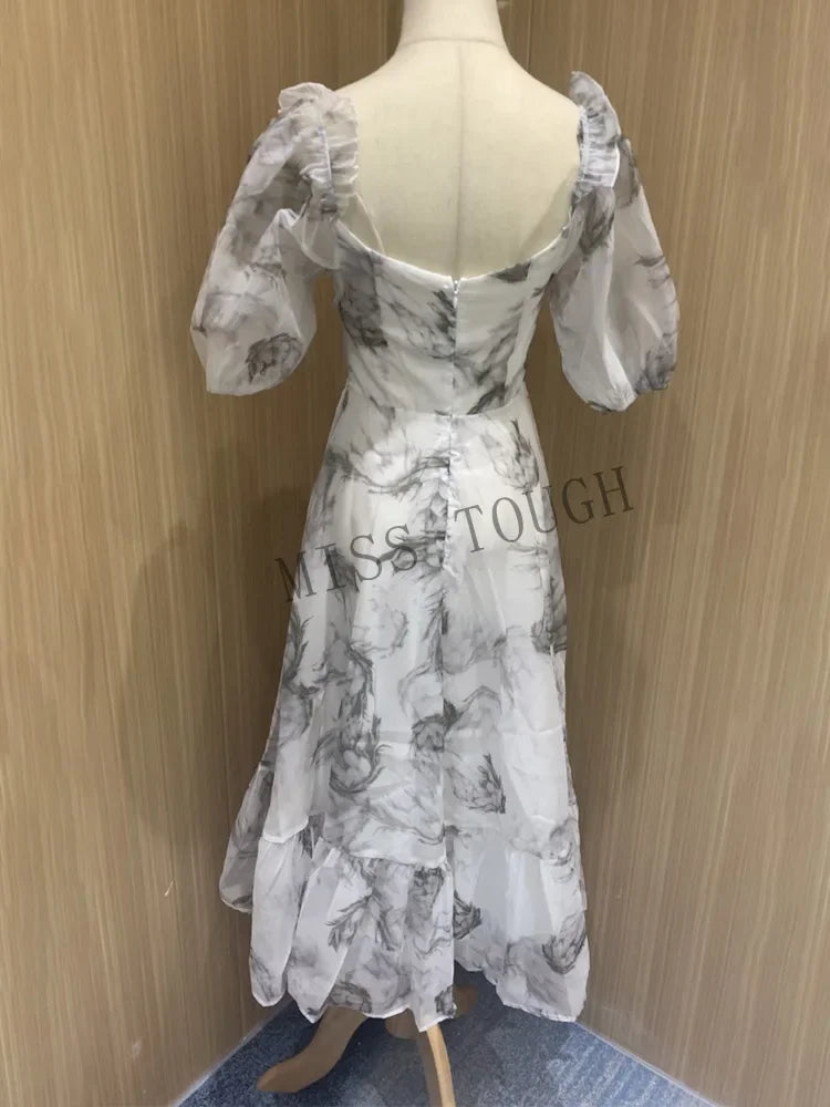 Summer Floral Print Dress Women Sexy French Style Vintage Party Midi Dresses Casual Korean Fashion Elegant Retro Dress 2024 New