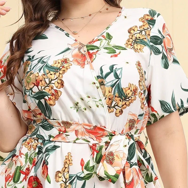 plus size New best-selling oversized loose V-neck dress for women with elastic waist  short sleeved printed long skirt