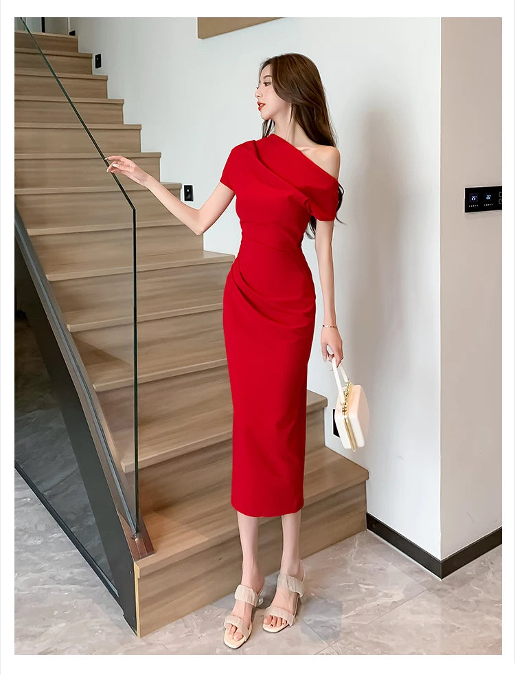 Elegant Off Shoulder Evening Party Dresses Women Summer Fashion Slim One Piece Solid Vestidos Korean Graduation Robe Clothing