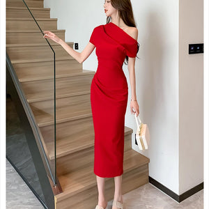 Elegant Off Shoulder Evening Party Dresses Women Summer Fashion Slim One Piece Solid Vestidos Korean Graduation Robe Clothing