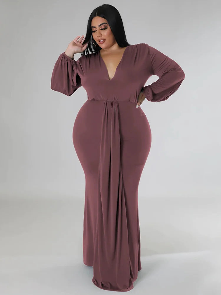 Wmstar Plus Size Party Dresses for Women Long Sleeve Stretch Sexy V Neck Elegant Maxi Dress Fall Clothes Wholesale Dropshipping