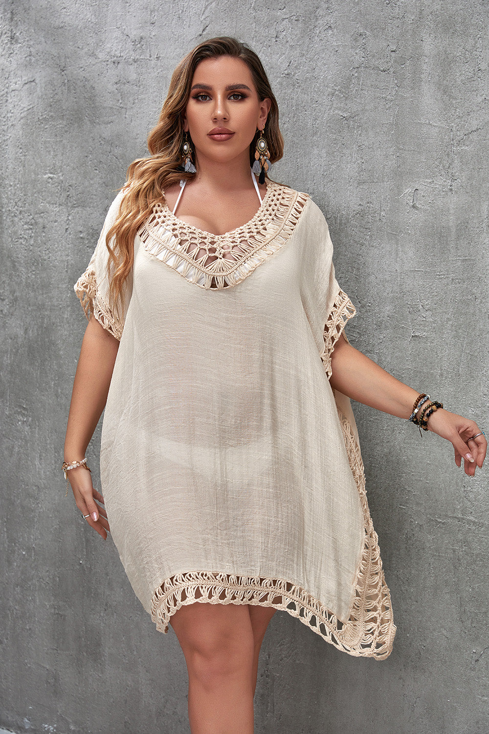 CROCHET BIKINI Plus Size Beach Tunic Women Swimwear Summer Sun Protection Clothes Cover Up Swim Beach Dress