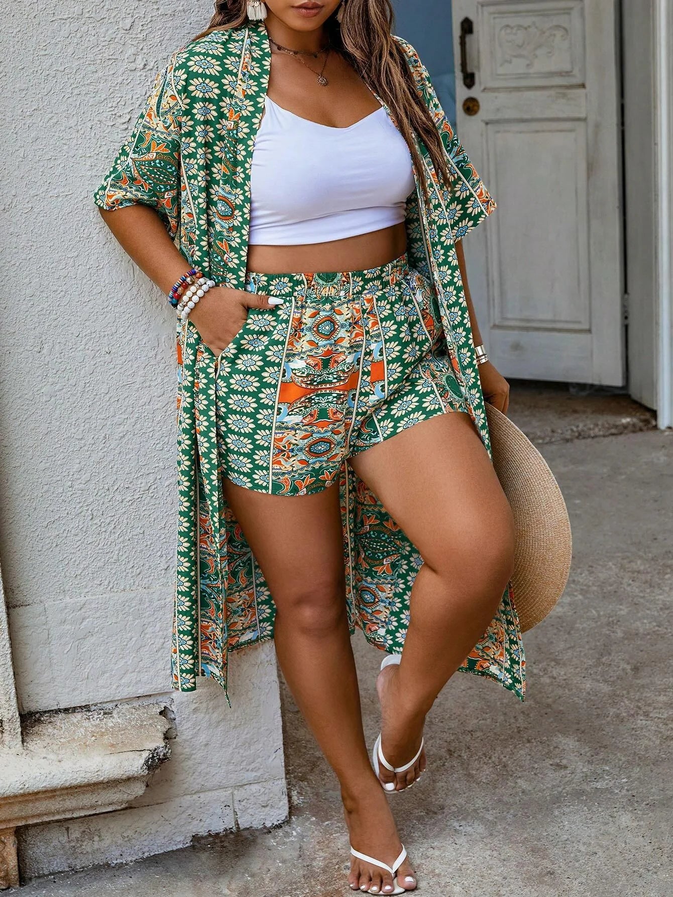 Women's Plus Size Printed Two-piece Set, featuring a bohemian print open front kimono with short sleeves and shorts ensemble.