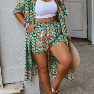 Women's Plus Size Printed Two-piece Set, featuring a bohemian print open front kimono with short sleeves and shorts ensemble.