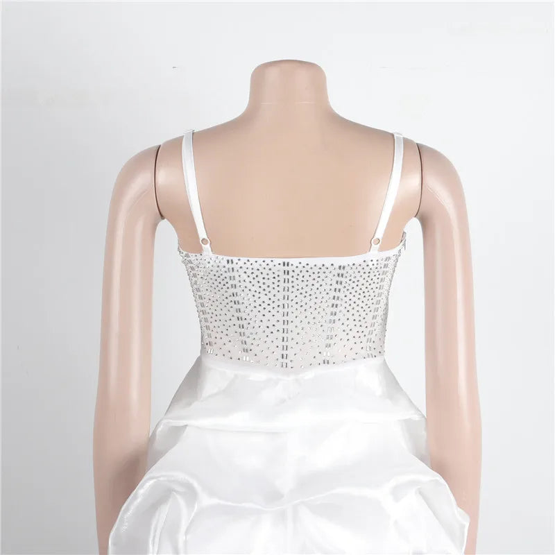 New Women Summer Strap Mesh Patchwork Diamonds Sexy Party Ball Gown Dresses 2023 Fashion Rhinestone Night Club Cake Dress White