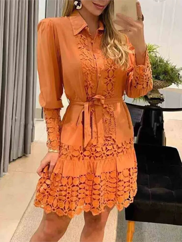 Spring Autumn Hollow Out Floral Solid Color Fashion Casual Sexy Lace Patch Shirt Dress Mini Dress Y2k Party Holiday Vestido