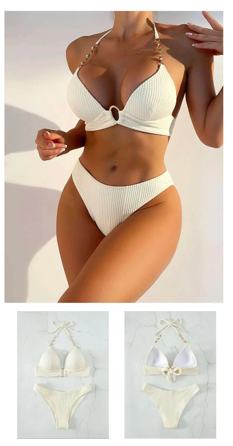 New Sexy Split Solid Color Bikini Striped Pearl Neck Swimsuit