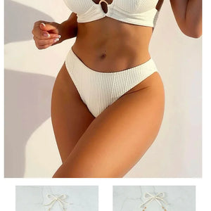 New Sexy Split Solid Color Bikini Striped Pearl Neck Swimsuit