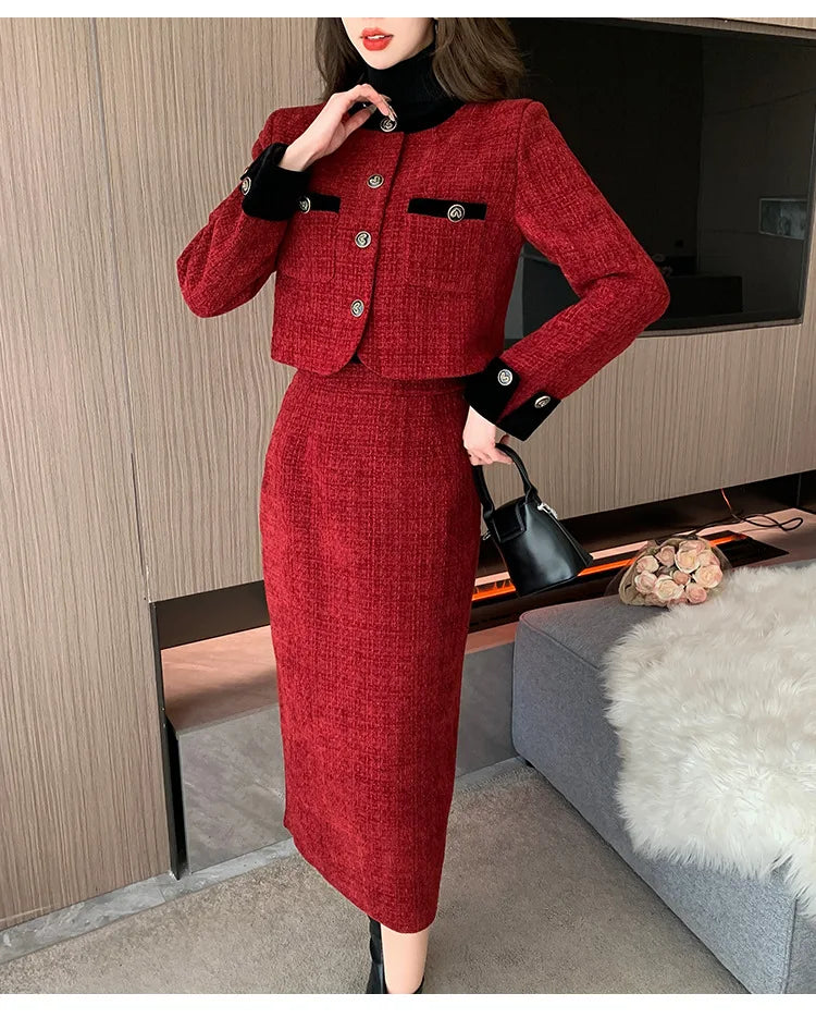 Women’s Trendy Tweed Two-Piece Set Vintage Chic Single Breasted Cropped Blazer Jacket+Long Skirt Suit Small Fragrant Outfits