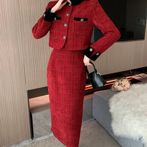 Women’s Trendy Tweed Two-Piece Set Vintage Chic Single Breasted Cropped Blazer Jacket+Long Skirt Suit Small Fragrant Outfits