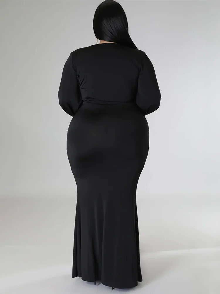 Wmstar Plus Size Party Dresses for Women Long Sleeve Stretch Sexy V Neck Elegant Maxi Dress Fall Clothes Wholesale Dropshipping