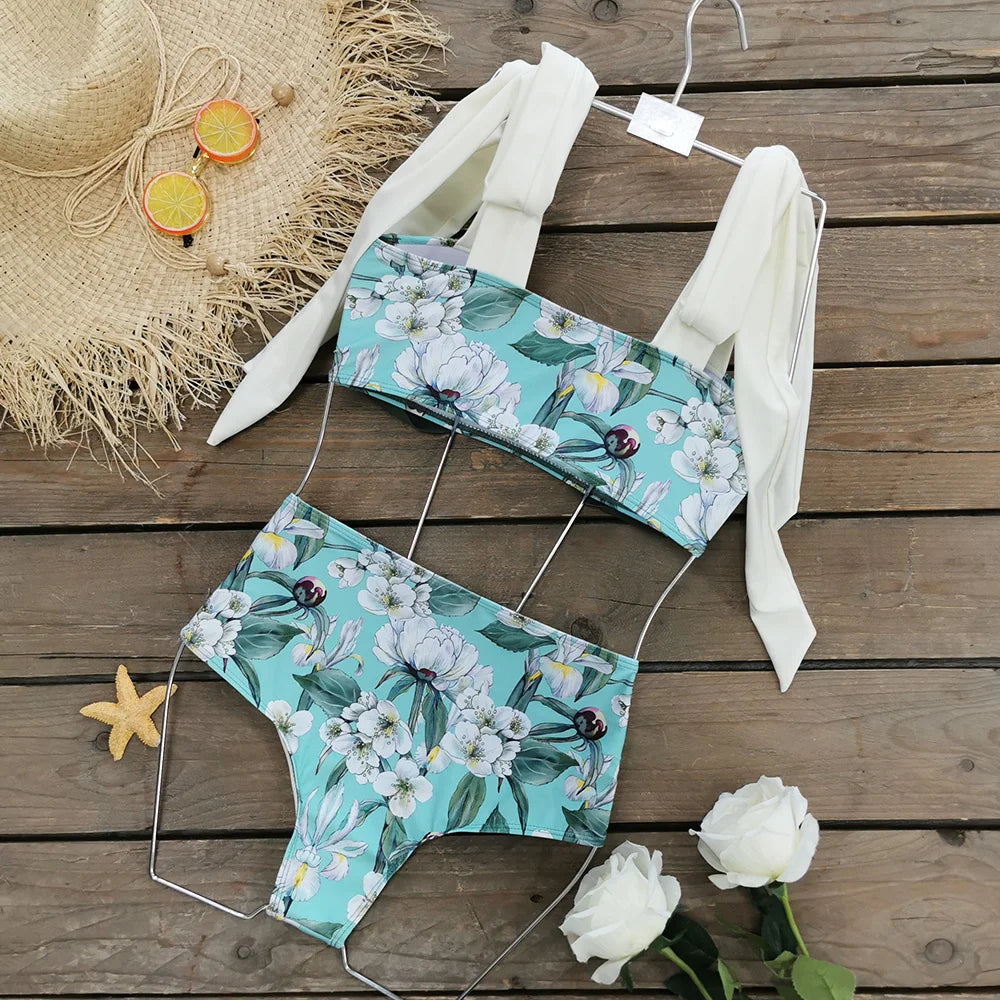 2023 New Arrival Push Up Women Bikini Set Floral Printed Ruffle Bikinis Strappy Bandage Swimwear Brazilian Biquini Bathing Suit