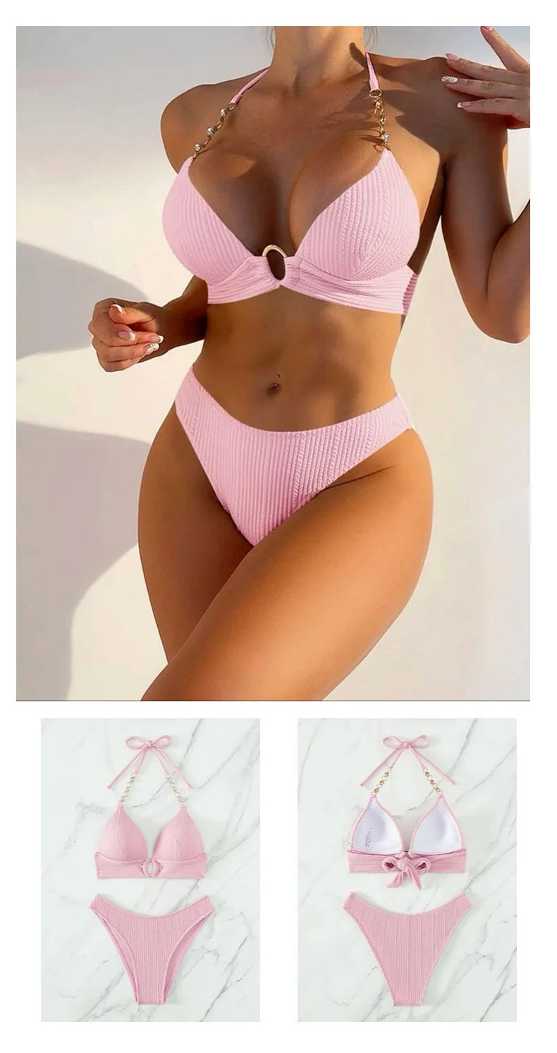 New Sexy Split Solid Color Bikini Striped Pearl Neck Swimsuit