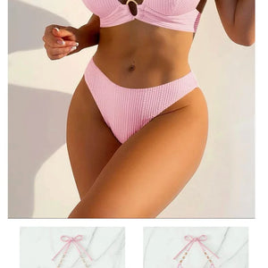 New Sexy Split Solid Color Bikini Striped Pearl Neck Swimsuit