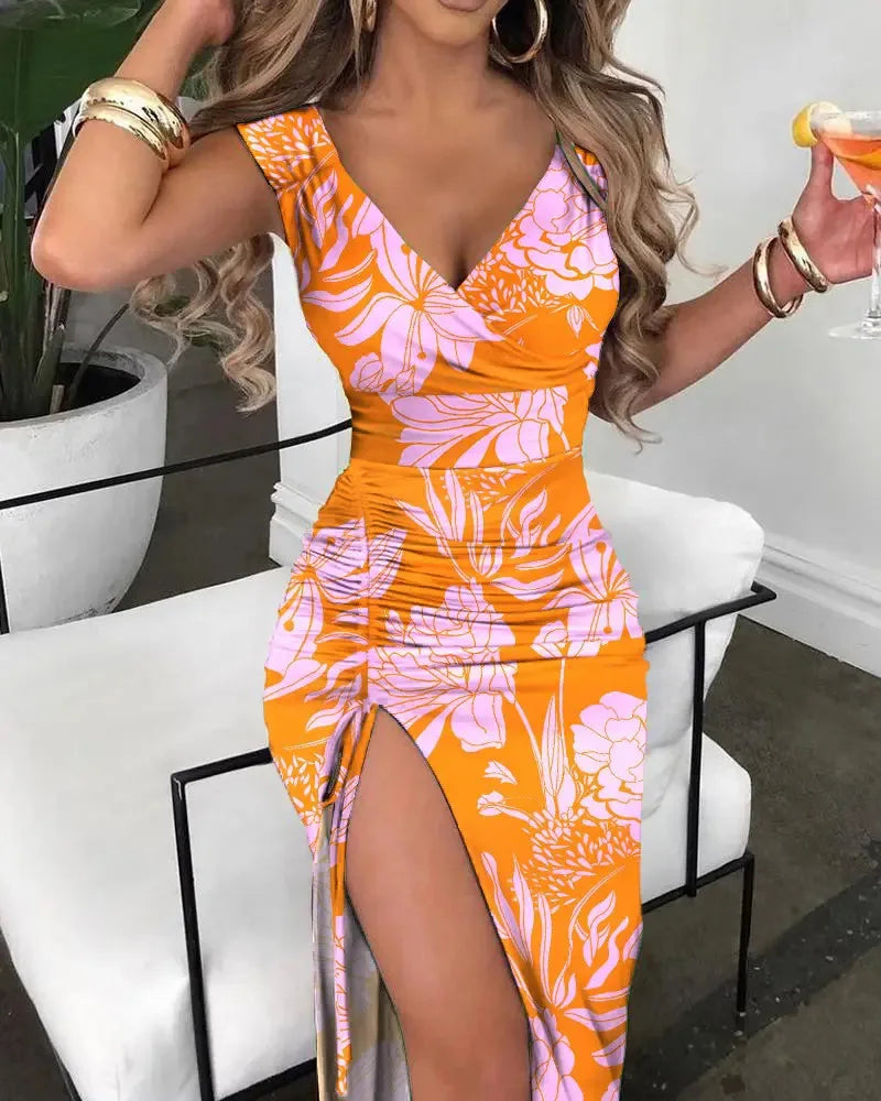 Summer Women Print Dress Fashion Casual Elegant V-neck Sleeveless Bodycon Beach Party Dresses Robe Femme 2024 New Vestidos