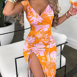 Summer Women Print Dress Fashion Casual Elegant V-neck Sleeveless Bodycon Beach Party Dresses Robe Femme 2024 New Vestidos