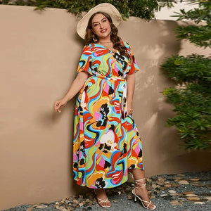 plus size New best-selling oversized loose V-neck dress for women with elastic waist  short sleeved printed long skirt