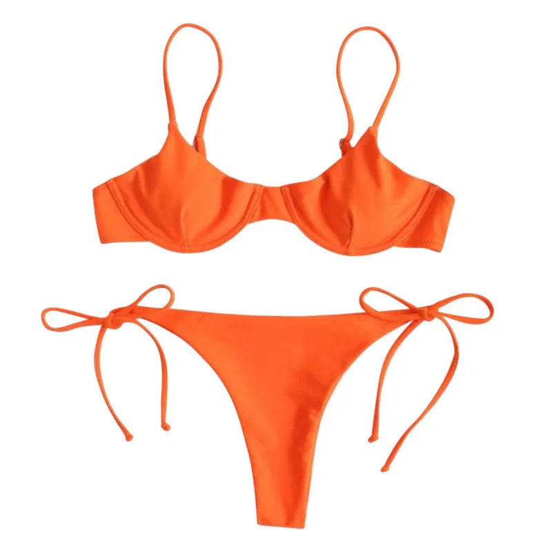 Women Split Swimsuit Set, Solid Color/Printed V-neck Bikini + Lace Up Panties for Summer